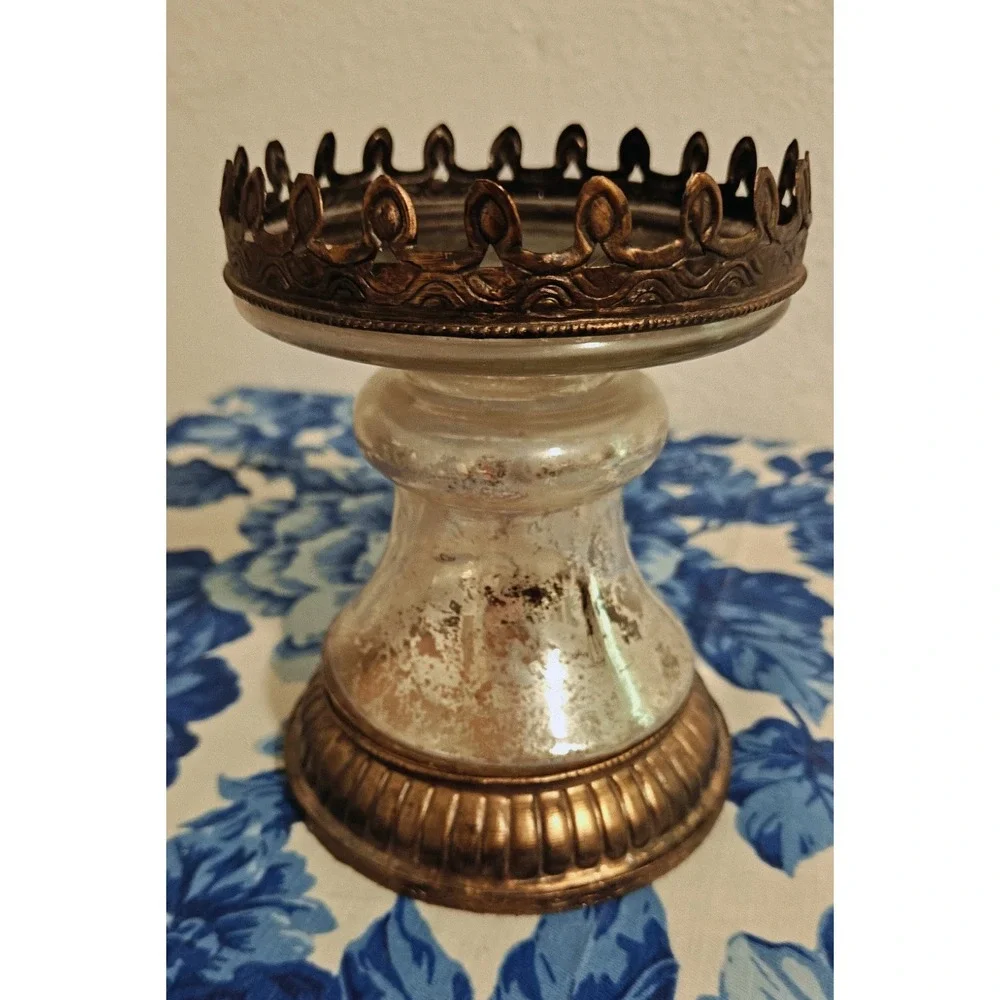 Pottery Barn Mercury Glass & Metal candle holder pillar Silver/Brown 6.5